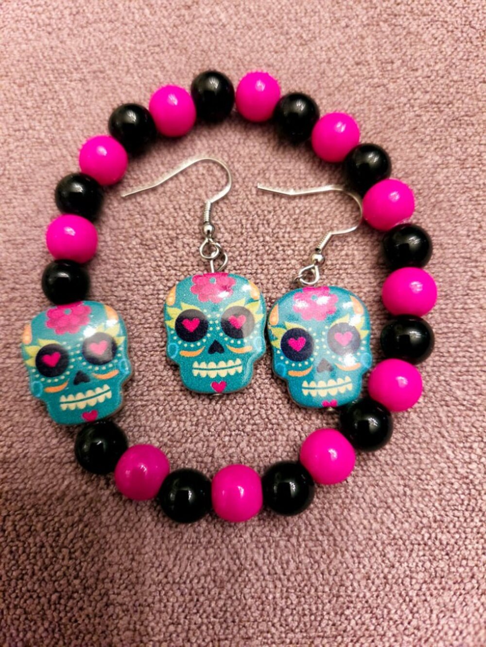 Handcrafted Sugar Skull Earring and Stretch Bracelet Set - NEW